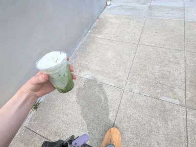 Gen skateboarding while holding kilavolt salted egg yolk matcha latte with cold foam