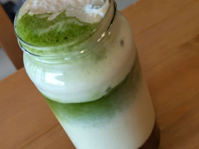Gorgeous blueberry lavender matcha latte, in striking layers