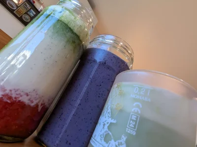 INTIMIDATING angle of Gen's homemade drinks including blueberry smoothie, strawberry matcha latte, and lavendermatcha latte